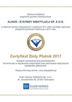 Сертификат золотого плательщика 2017